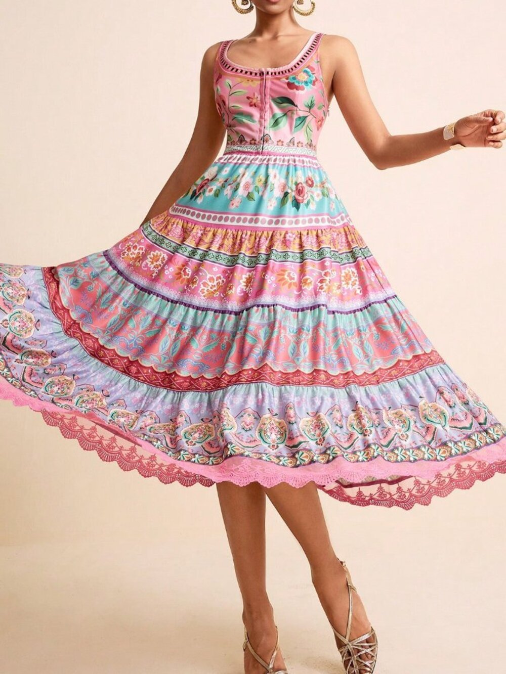 Multicolor Boho Women's Dress Floral Gradient U-Neck Sleeveless Cinched Waist - Picture 6 of 9